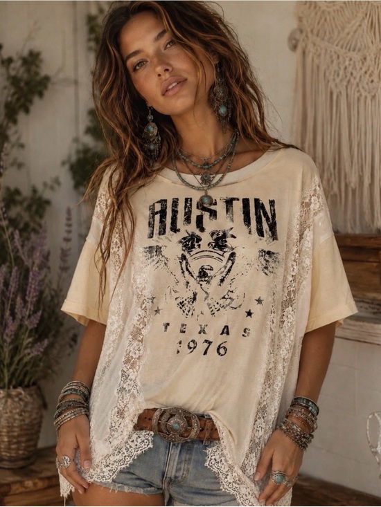 Blue Velvet Tops - H161 NWT Blue Velvet M pp28 Boho Lace-Trim Austin Texas Graphic Tee - Cream Top
